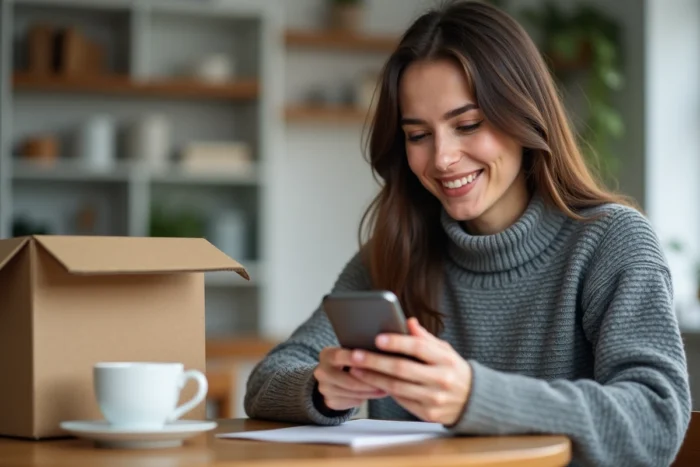 Femme suivant le statut de son colis en transit au Hub Harnes sur son smartphone à la maison