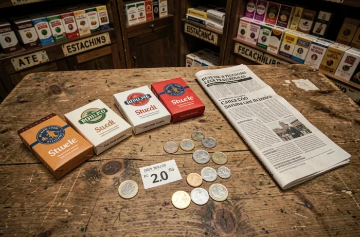 Pochettes de tabac à rouler, pièces en euros et étiquette de prix sur une table en bois dans un estanco espagnol