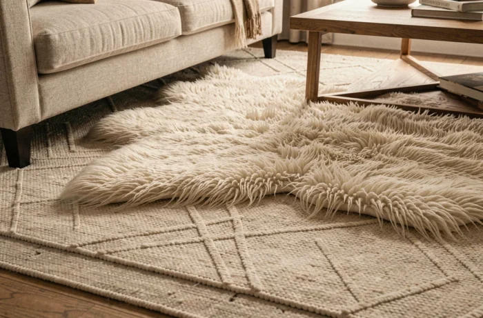 Sol d'un salon avec deux tapis superposés : un grand tapis à tissage plat géométrique et un petit tapis en peau de mouton ivoire par-dessus.