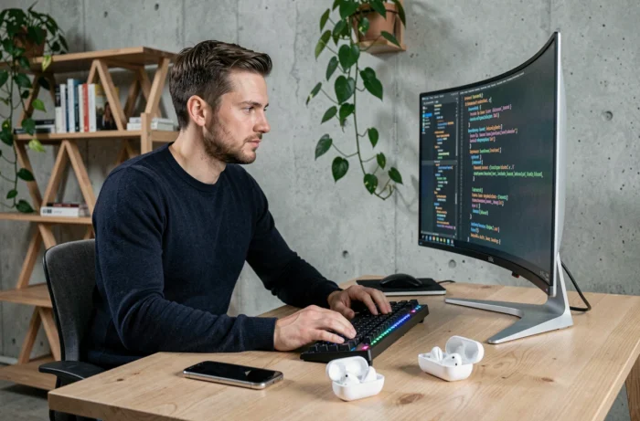 Homme geek en pull navy travaillant sur un bureau minimaliste avec smartphone pliable, clavier mécanique et écran ultrawide en 2024