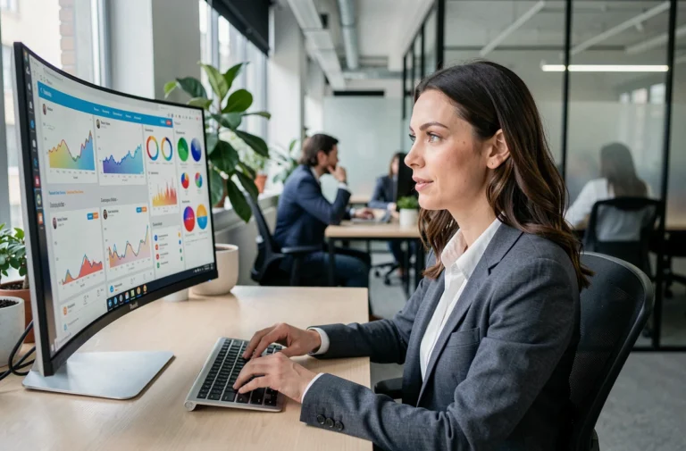 Femme professionnelle consultant les tendances du web 2024 sur un écran de bureau moderne dans un open space