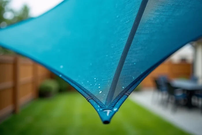 Gros plan sur la texture d'un voile d'ombrage rectangulaire bleu océan avec des gouttes d'eau sur le tissu en polyéthylène