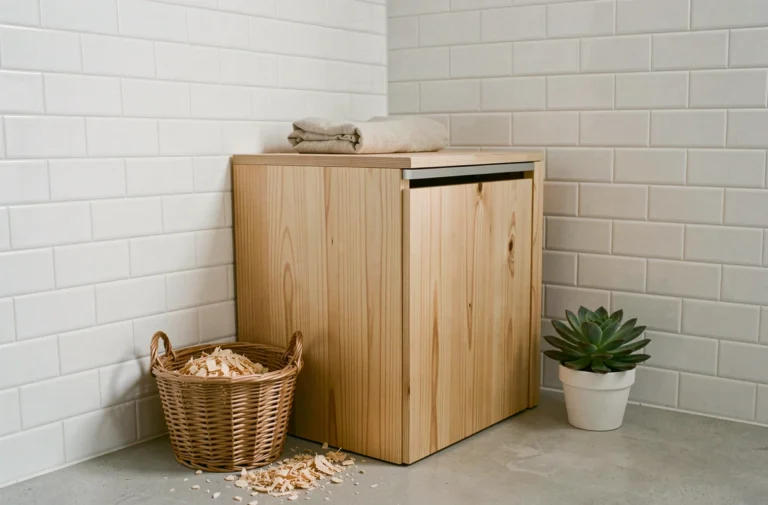 Toilettes sèches en bois minimaliste style scandinave dans une salle de bain écologique avec décor épuré