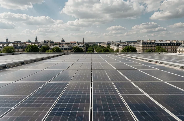 Toiture commerciale couverte de panneaux solaires industriels avec vue sur une ville française en arrière-plan