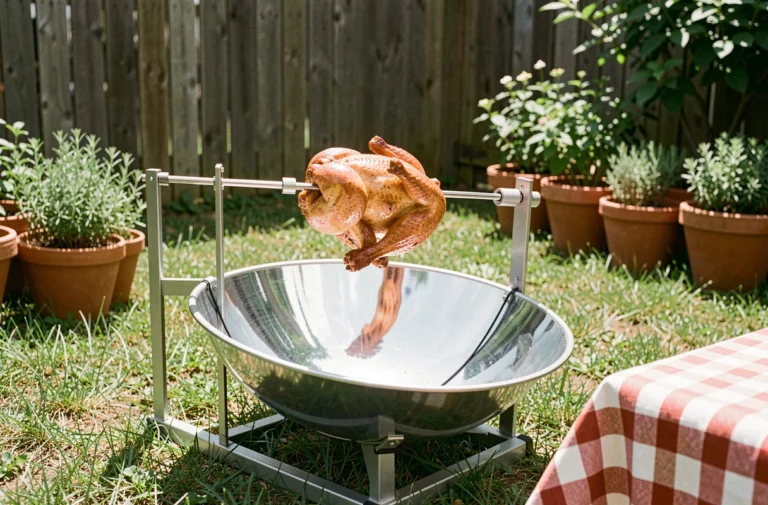 Tourne-broche solaire écologique dans un jardin ensoleillé avec un poulet rôtissant sur un réflecteur parabolique