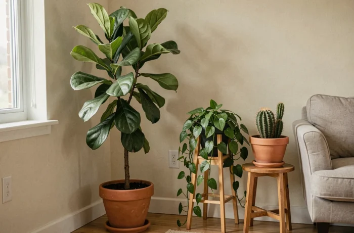 Trio de plantes d'intérieur de tailles différentes : un grand figuier lyre au sol, un pothos moyen sur support et un petit cactus en céramique.