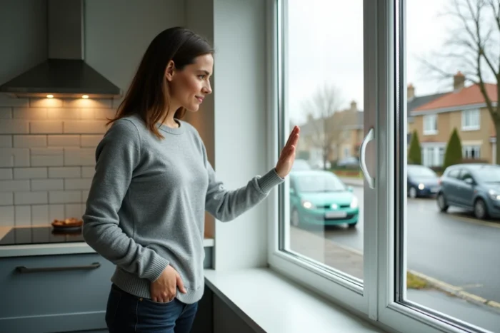 Femme vérifiant l'efficacité thermique d'une fenêtre à double vitrage dans une cuisine contemporaine