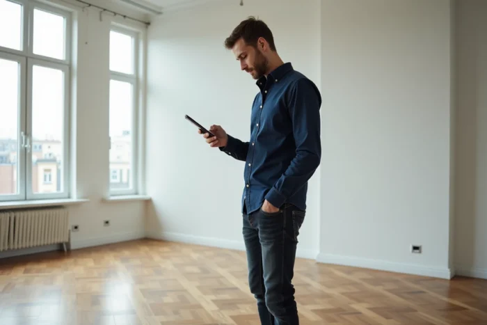 Homme visitant un appartement vide tout en consultant une application de location immobilière sur son smartphone