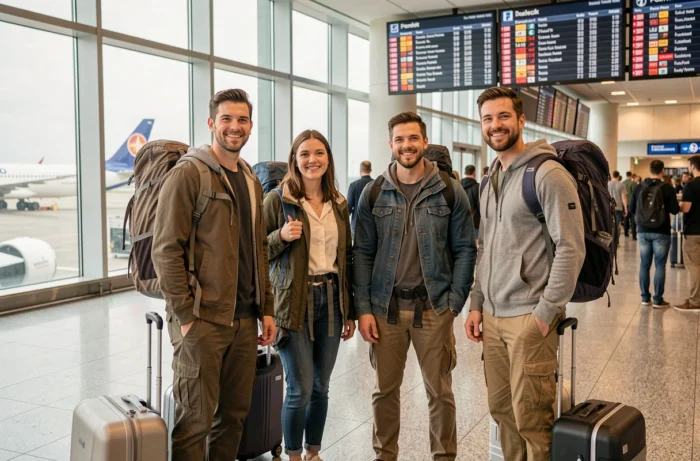 Groupe de voyageurs internationaux dans un aéroport avec bagages et tableaux de départ