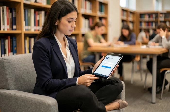 Jeune femme consultant le webmail académique de Nantes sur une tablette dans une bibliothèque universitaire