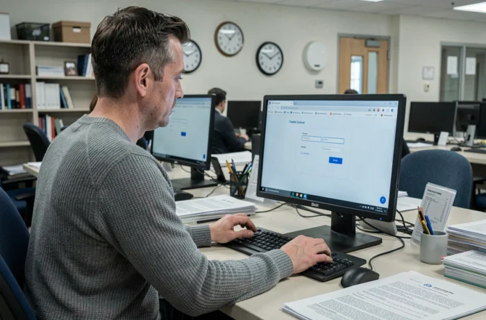 Enseignant accédant au webmail de l'académie de Nantes depuis un poste informatique en salle des professeurs